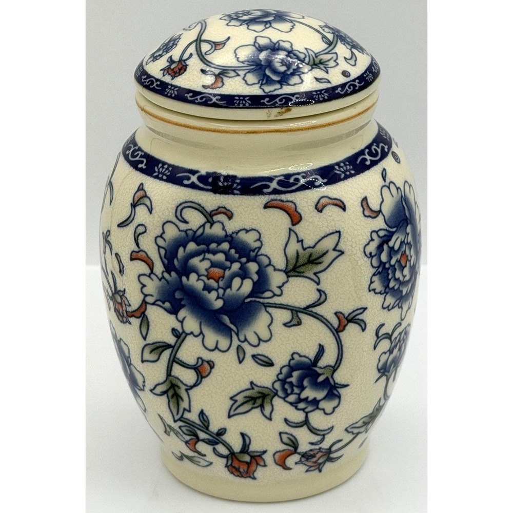 Blue Floral Japanese Chinese Lidded Off White Ginger‎ Jar 5" Tall Vintage EUC